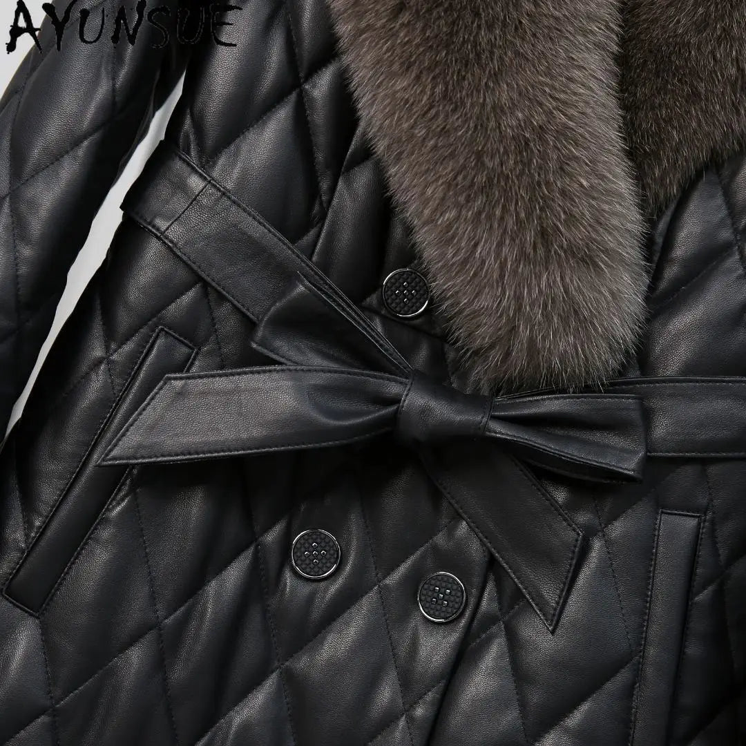 AYUNSUE Fox Fur Collar Genuine Leather Down Jacket Women Winter Clothes 2025 Mid-length Sheepskin Coat for Woman Jaqueta Couro