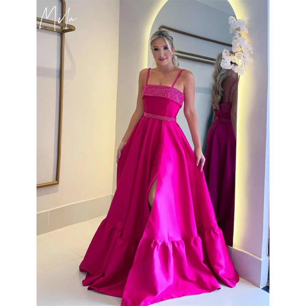 Mila Spaghetti Strap A-Line Prom Dresses Side High Split Evening Dresses Elegant Floor-Length Satin Customized Party Dresses