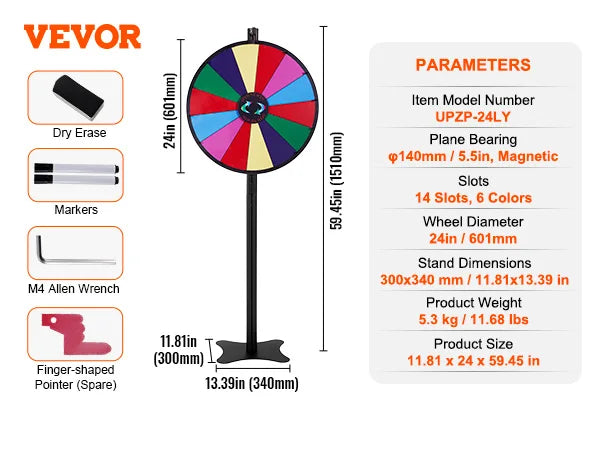 SucceBuy 18/24/36 inch Spinning Prize Wheel 14 Slots Spinning Wheel Tabletop Floor Standing Win Fortune Spin Games in Party Pub
