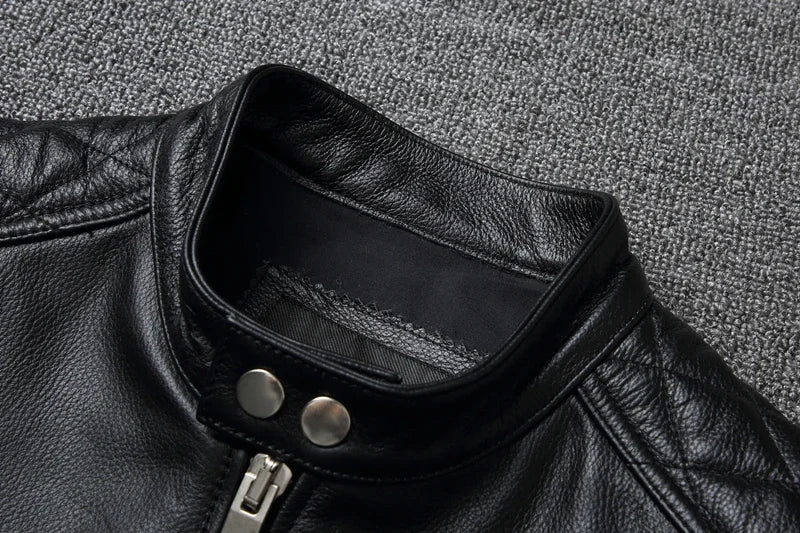 New fashion Men Leather Jacket 100% Genuine Cowhide Coat White Stripes Cool Biker Slim Short Autumn Leather Clothing.