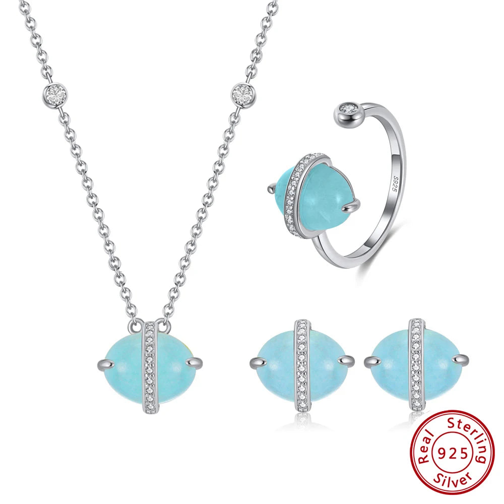 ORSA JEWELS 925 Sterling Silver Natural Aquamarine Earrings Necklace Ring Set 14K Gold Plated for Women Jewelry Sets Gift SSGM04