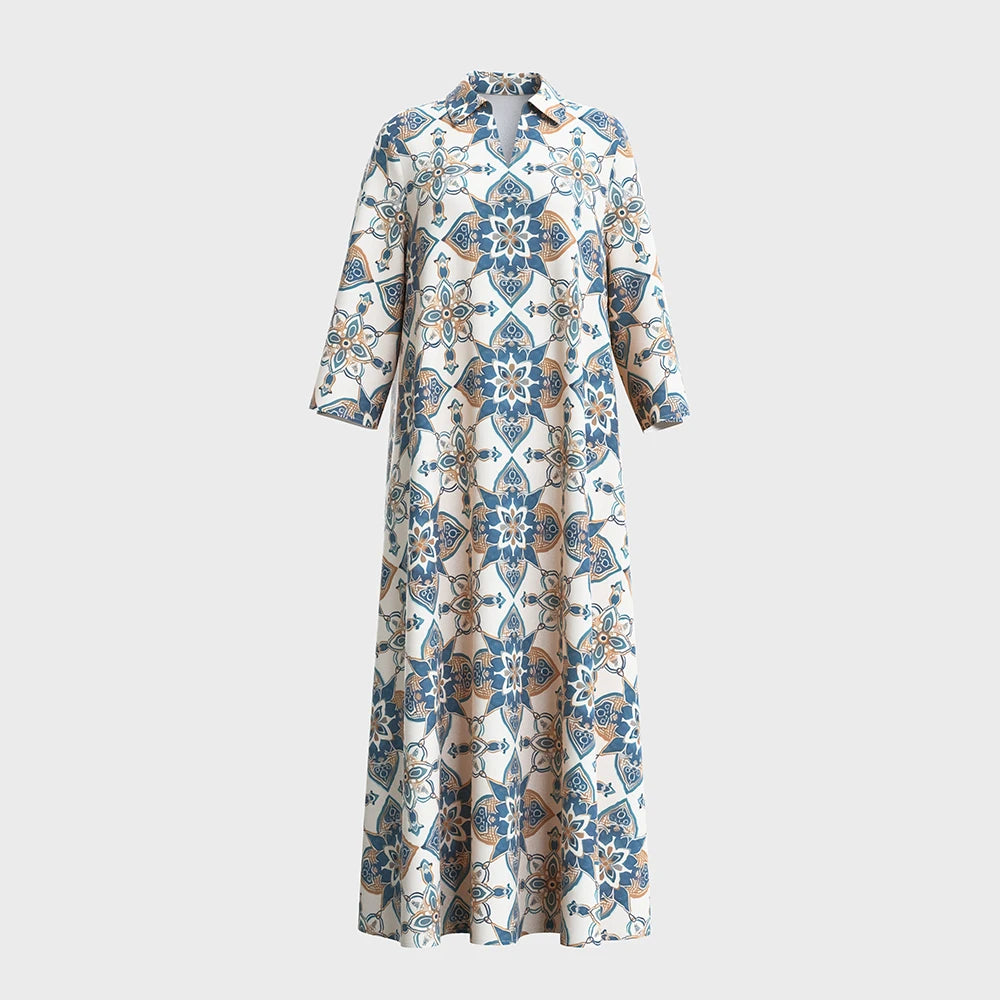 Rafiah Women's Summer Long Dress 2025 Arabian Dress Traditional Long Sleeve V-Neck A-Line Maxi Full Print Casual Dress
