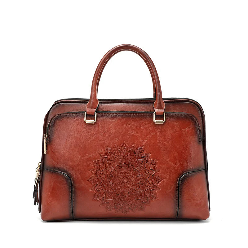 MOTAORA Genuine Leather Tote Bag for Women Embossed Cowhide Work Laptop Computer Bag Durable Office Handbag Stylish Purse