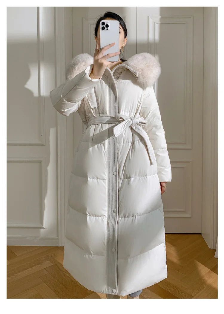 Women’s Luxury White Goose Down Coat – Hooded Long Jacket with Fox Fur Collar & Belt