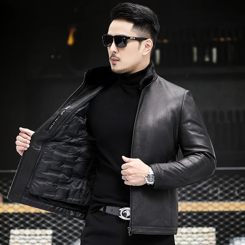 AYUNSUE 100% Real Goatskin Men Leather Jacket Stand Collar Detachable Down Liner and Mink Fur Liner Jackets Winter Mens Fur Coat