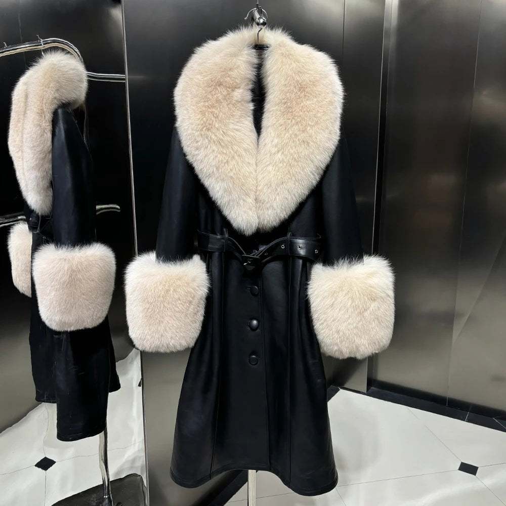 Black Leather Jacket With Fox Fur Collar Real Sheepskin Long Leather Jackets Leather Jacket Women 2025 Winter