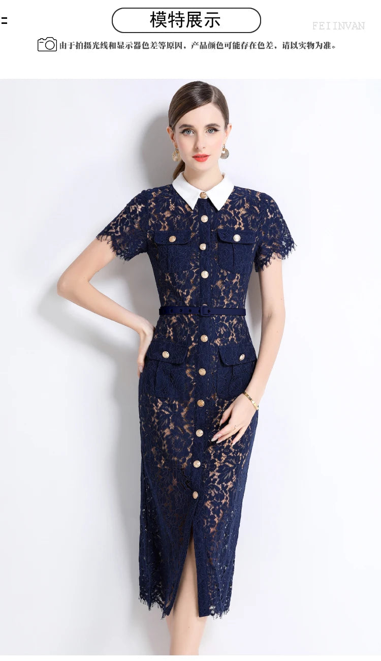 Formal Luxury Evening Long Dress Women Summer Autumn White Peter Pan Collar Hollow Out Blue Pencil Embroidery Lace Dress Party