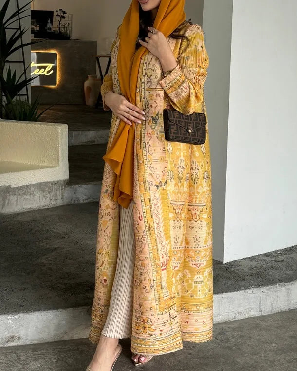 KAF Women Abaya 2025 New Retro Printing Cardigan Lace-up Design Loose Large Size Fashion Female ABaya Festival Dress