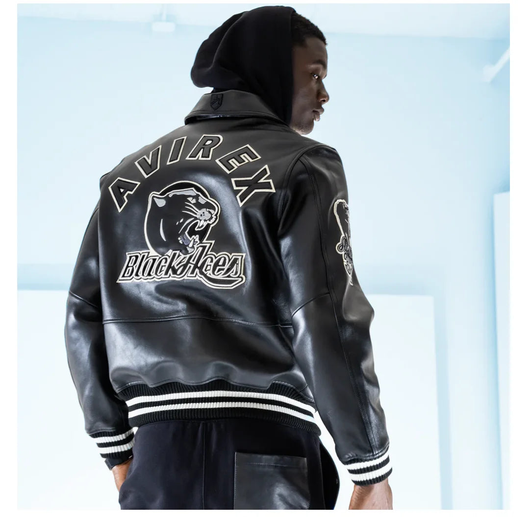 AVIREX Men Black Leather Jacket European Antique Sheepskin Plus Size Loose Fit USAF Flight Suit Spring Autumn Season Warm Jacket