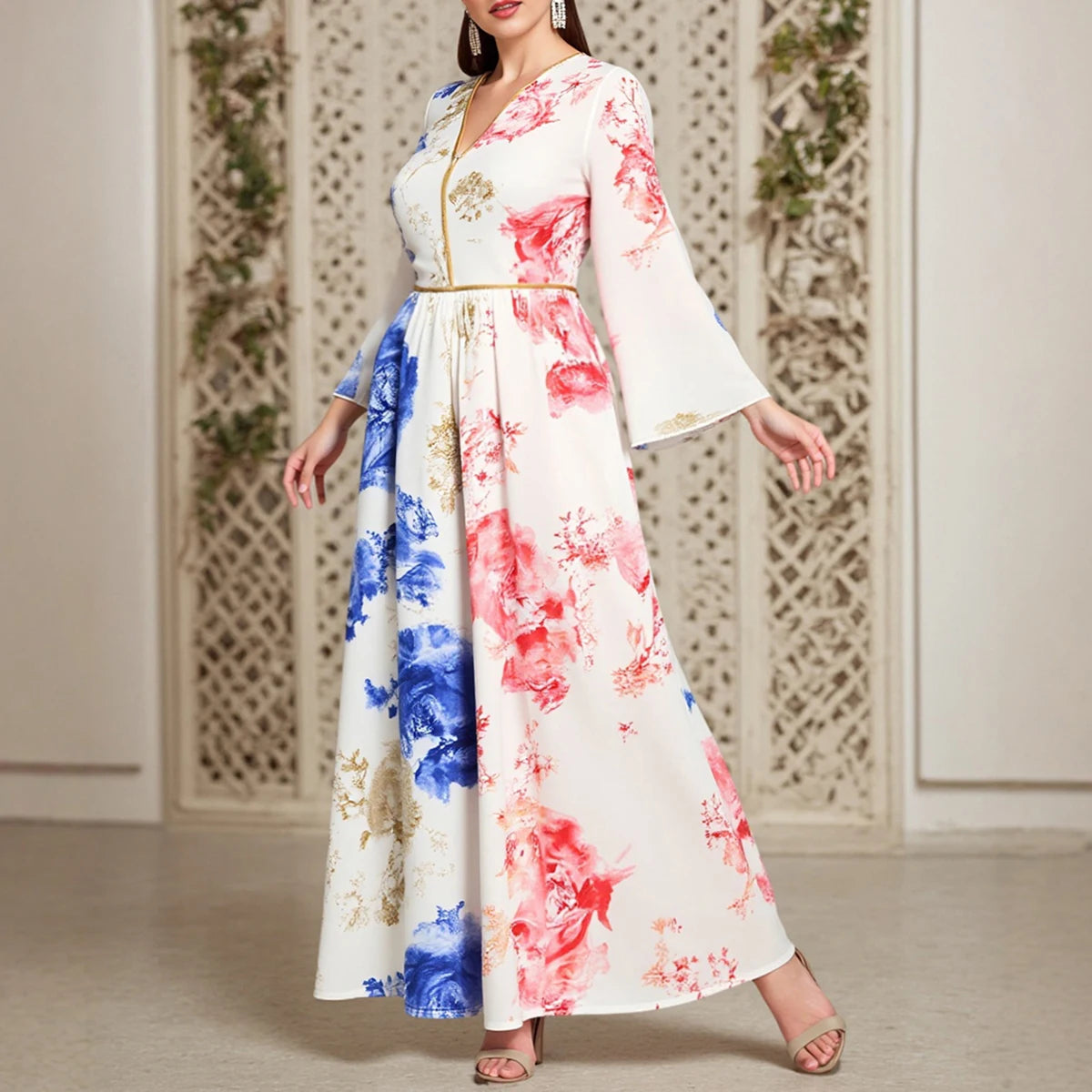 Rafiah Women's Summer Arabian Dress Loose Fit Comfortable Floral Contrast Color Long Sleeve V-Neck Midi Casual Arabian Dress