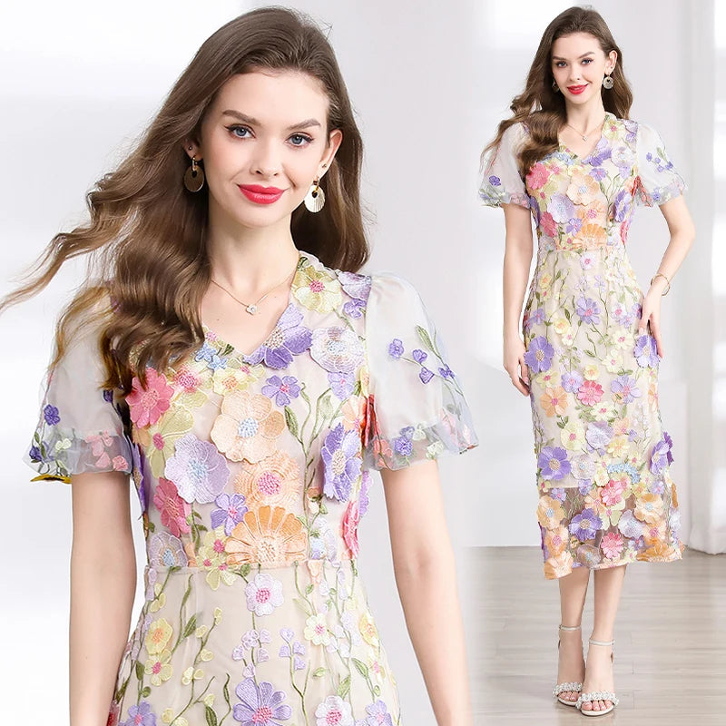 Summer High-end Embroidery Lace Prom Dress Women French Luxury 3D Flower Short Sleeve Long Dress Party Bodycon Holiday Vestido