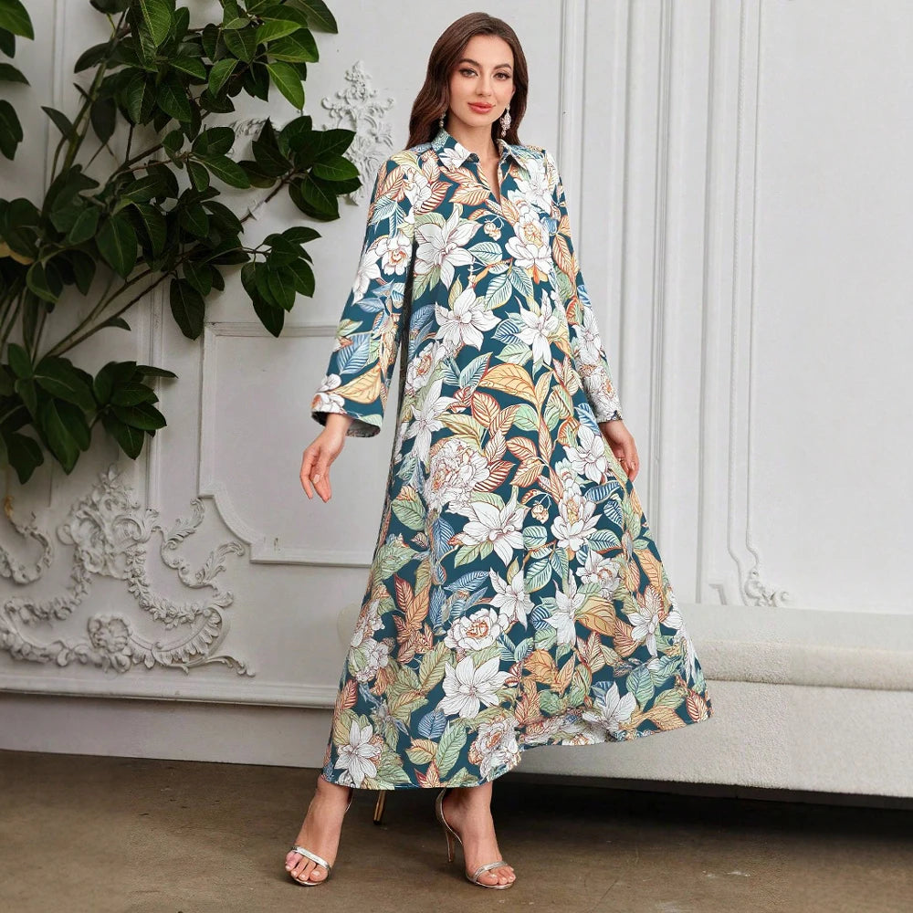 Plus Size Rafiah Women's Summer Arabian Dress 2025 Flower Full Print Long Sleeve Lapel A-Line Long Dress
