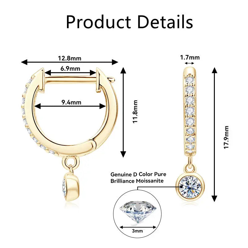 Lnngy 925 Sterling Silver Dangle Earring 1CT 2CT Round Bezel Setting Moissanite Drop Earrings For Women Girl Birthday Party Gift