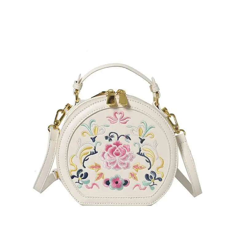 MOTAORA Small Round Women's Shoulder Bag Handmade Leather Embroidered Floral Purse for Teenage Girls Crossbody Bags