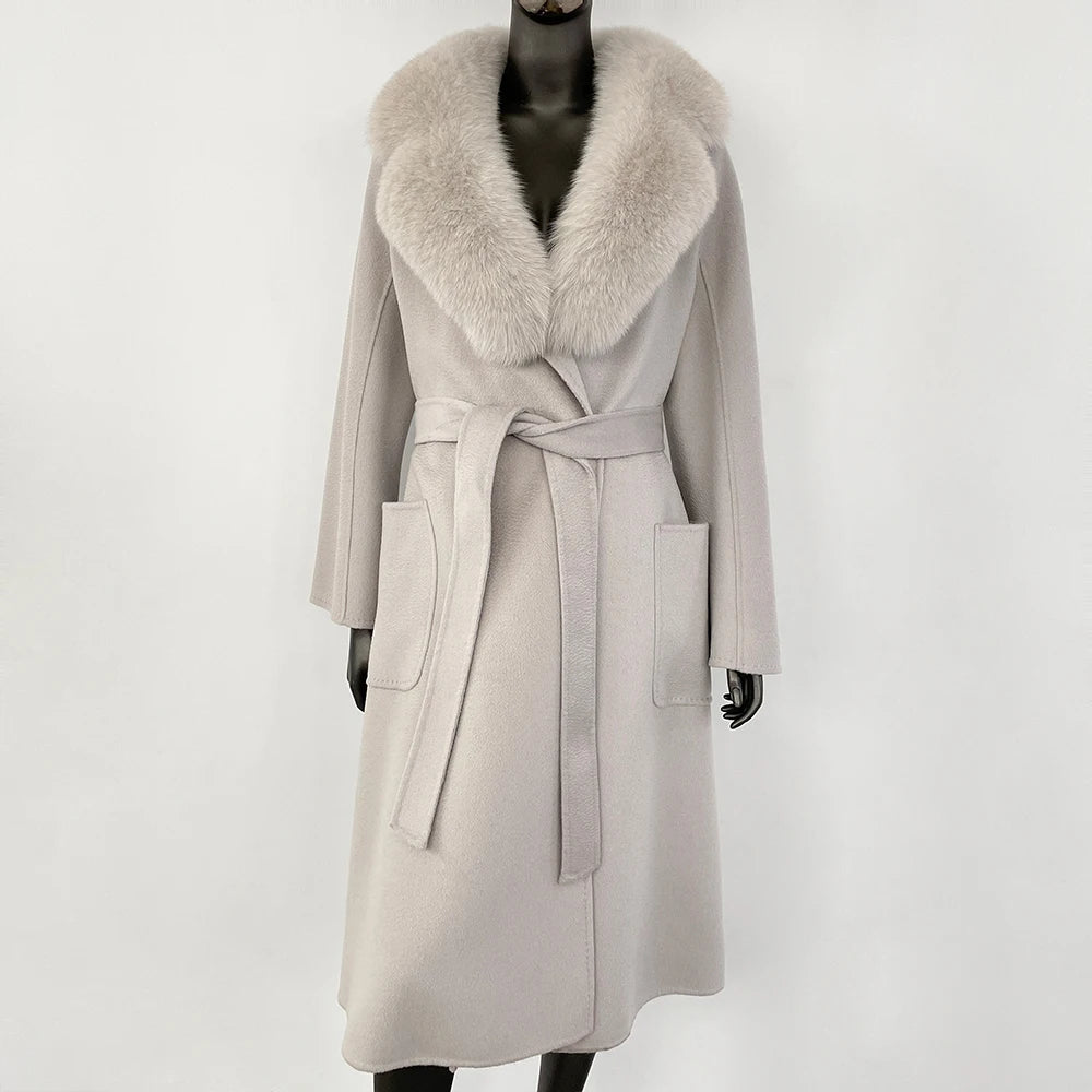 GENHUA 2025 New Casual Fur Coat for Ladies Winter Wool Long Fur Ladies Natural Real Fox Fur Collar Jacket for Ladies Warm Coat