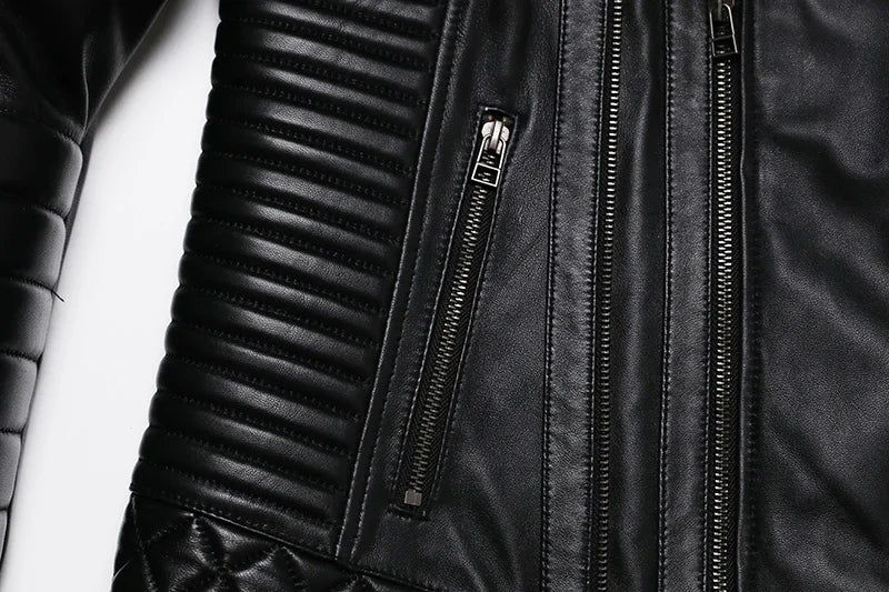 New Sheepskin Genuine Leather Moto Jacket – Slim Oblique Zipper Short Coat for Men