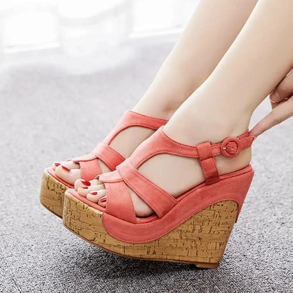 Women’s Summer Flock Sandals – 12CM Wedge Heels with Buckle Strap, White
