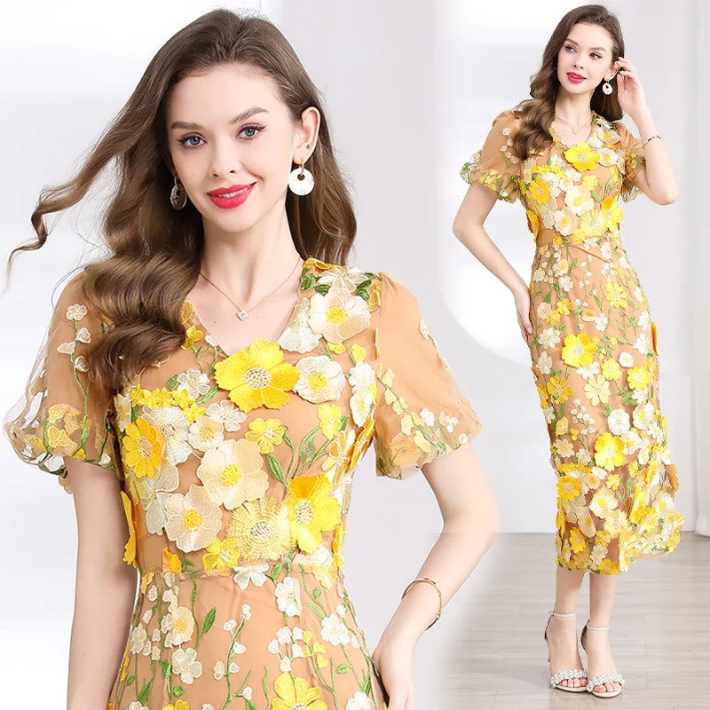 Summer High-end Embroidery Lace Prom Dress Women French Luxury 3D Flower Short Sleeve Long Dress Party Bodycon Holiday Vestido