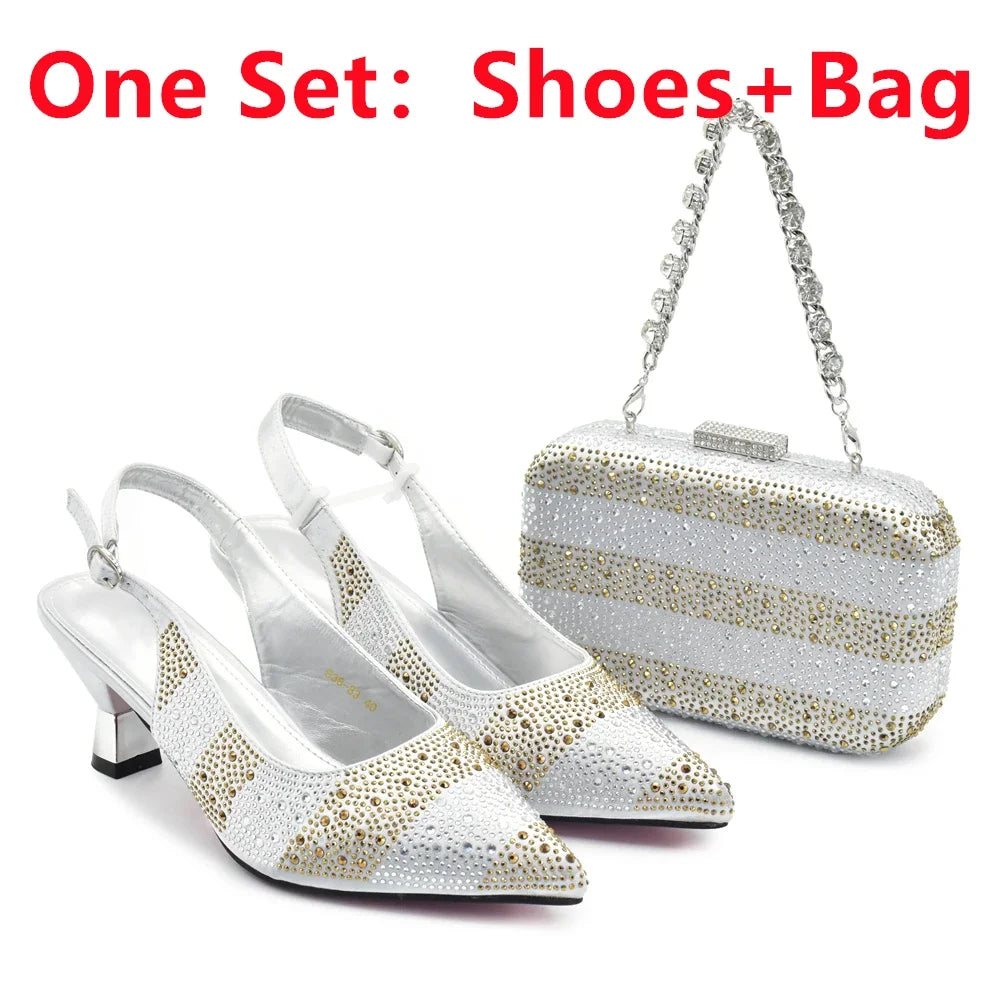 African Shoe and Bags Set for Wedding Women Shoes and Bags To Match Set with Rhinestone Italy Lady Pumps Women Shoes Luxury