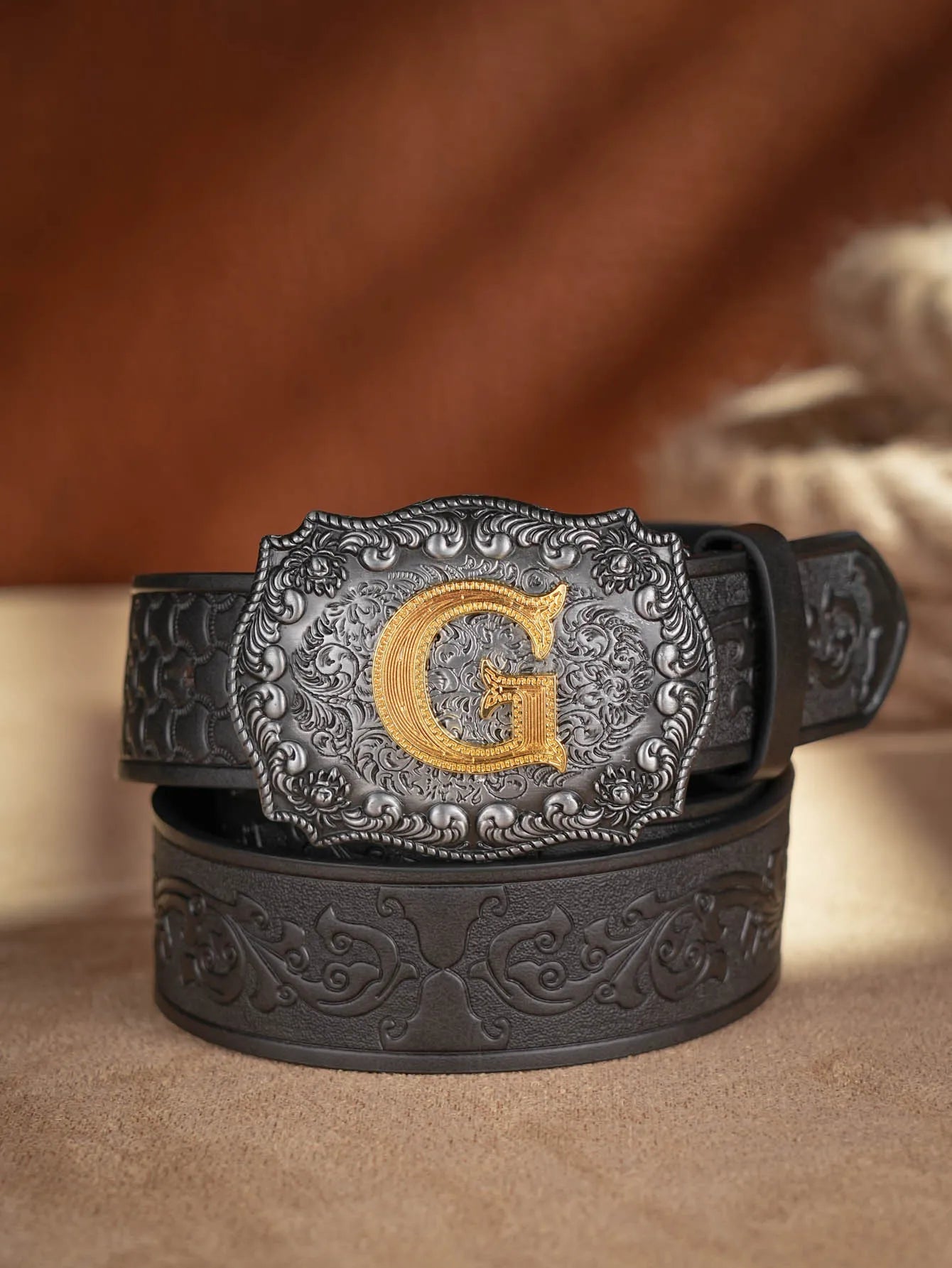Western Cowboy PU Leather Belt - Men Waist Strap Bull Decoration Floral Engraved for Jeans