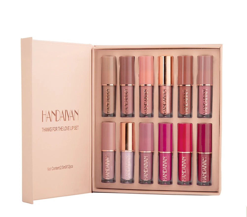 HANDAIYAN 12-Color Velvet Matte Lip Gloss Set - Liquid Lipstick Gift Box Set, Non-Sticky Lip Gloss