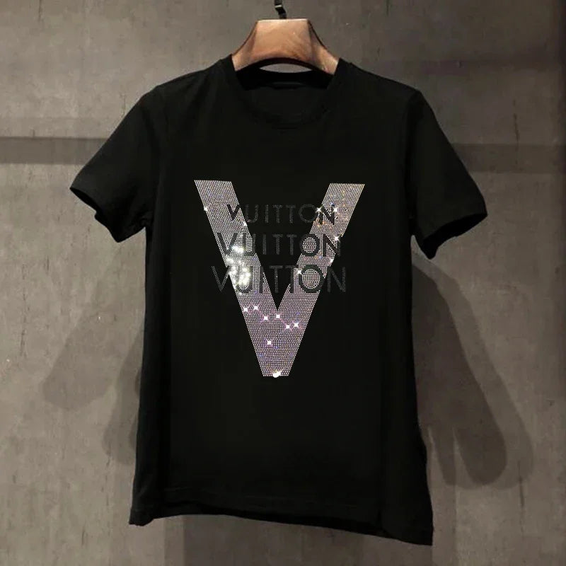 2025 Men's V-Pattern Rhinestone T-Shirt – Short Sleeve Mercerized Cotton Top