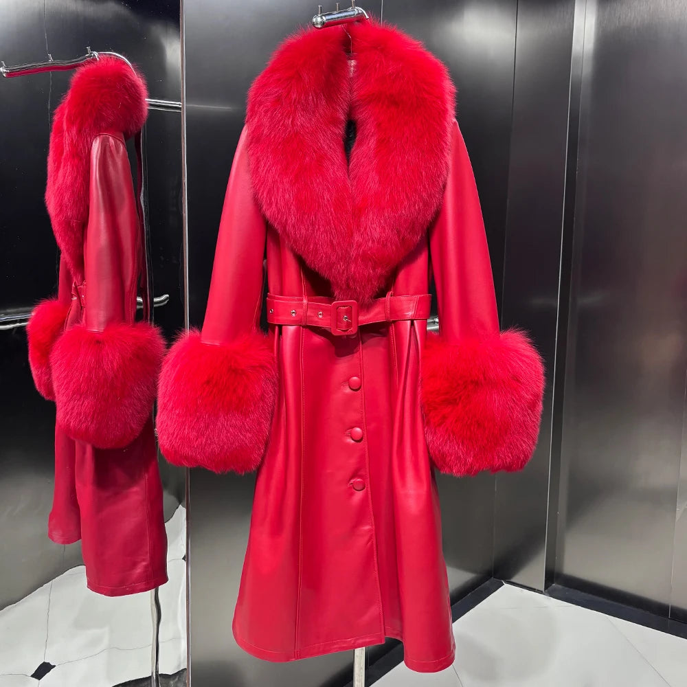 Black Leather Jacket With Fox Fur Collar Real Sheepskin Long Leather Jackets Leather Jacket Women 2025 Winter