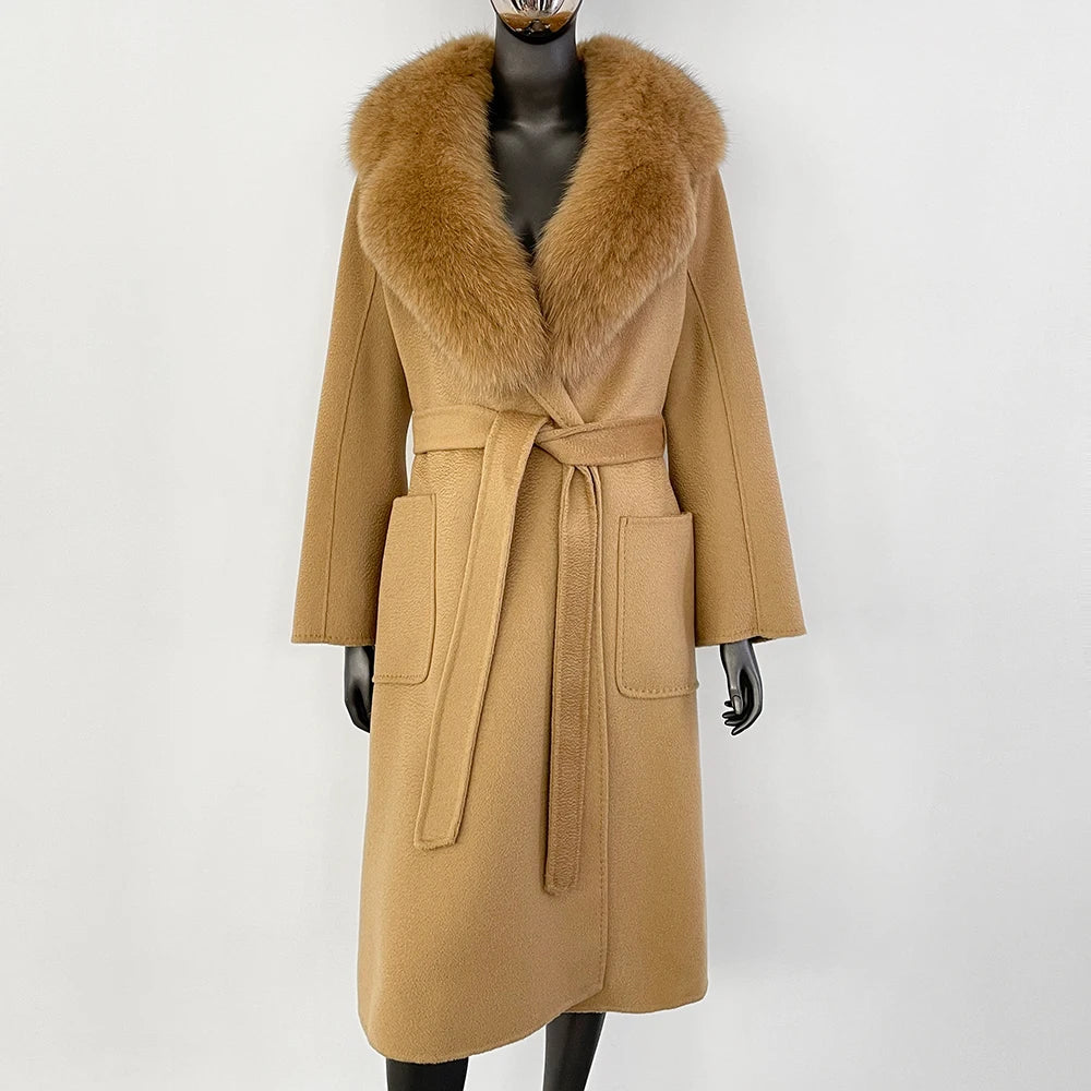 GENHUA 2025 New Casual Fur Coat for Ladies Winter Wool Long Fur Ladies Natural Real Fox Fur Collar Jacket for Ladies Warm Coat