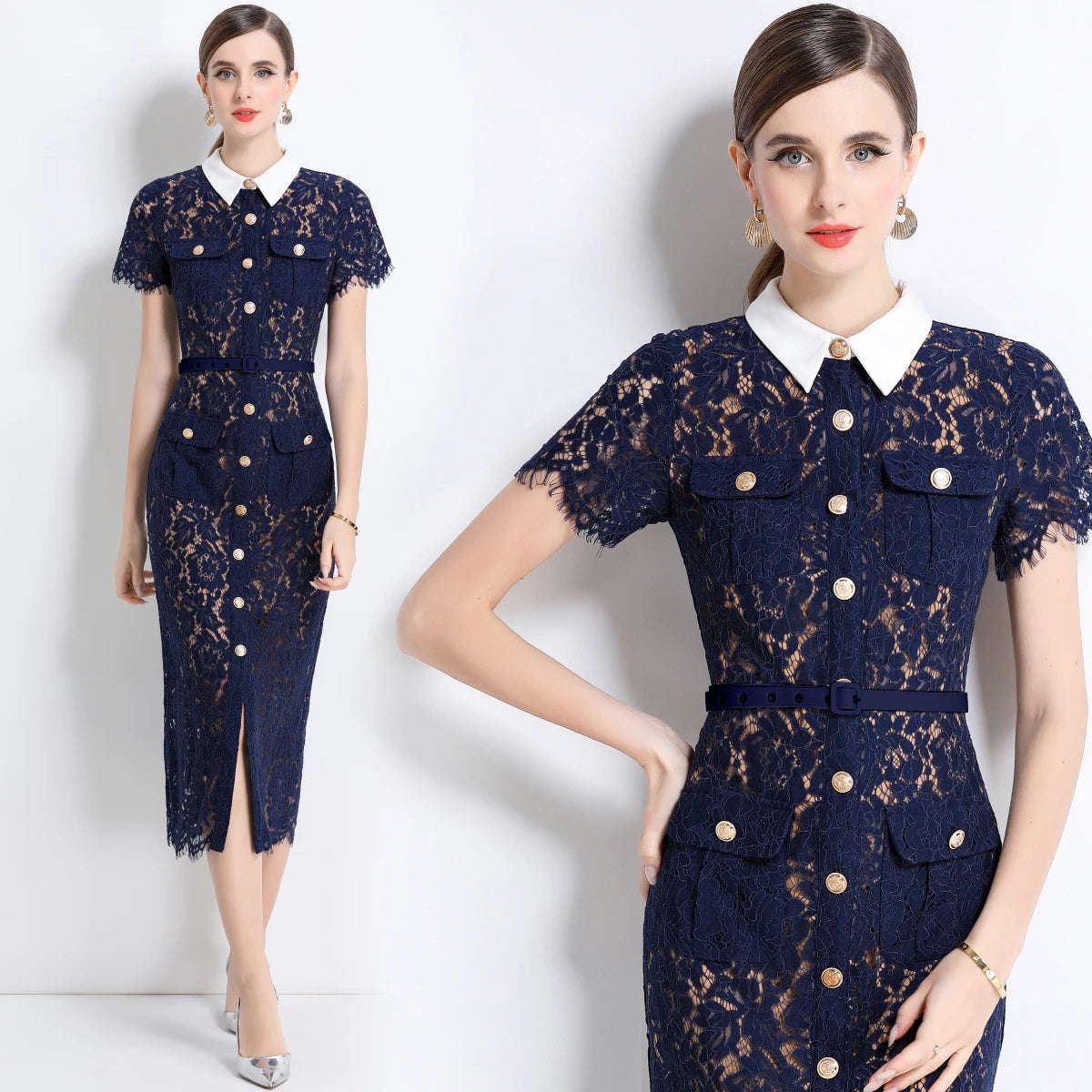 Formal Luxury Evening Long Dress Women Summer Autumn White Peter Pan Collar Hollow Out Blue Pencil Embroidery Lace Dress Party