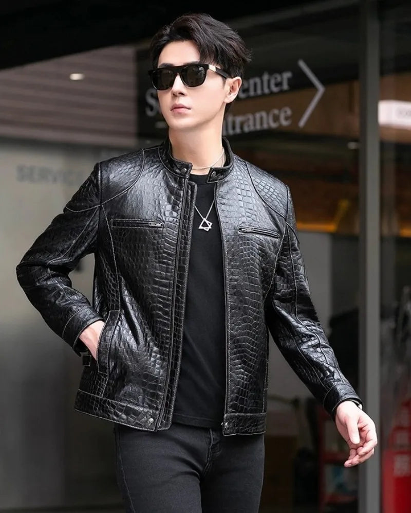 Males Luxury Natural Sheepskin Crocodile Pattern Jacket Stand Collar Slim Fit Straight Autumn Genuine Leather Motorcycle Jackets