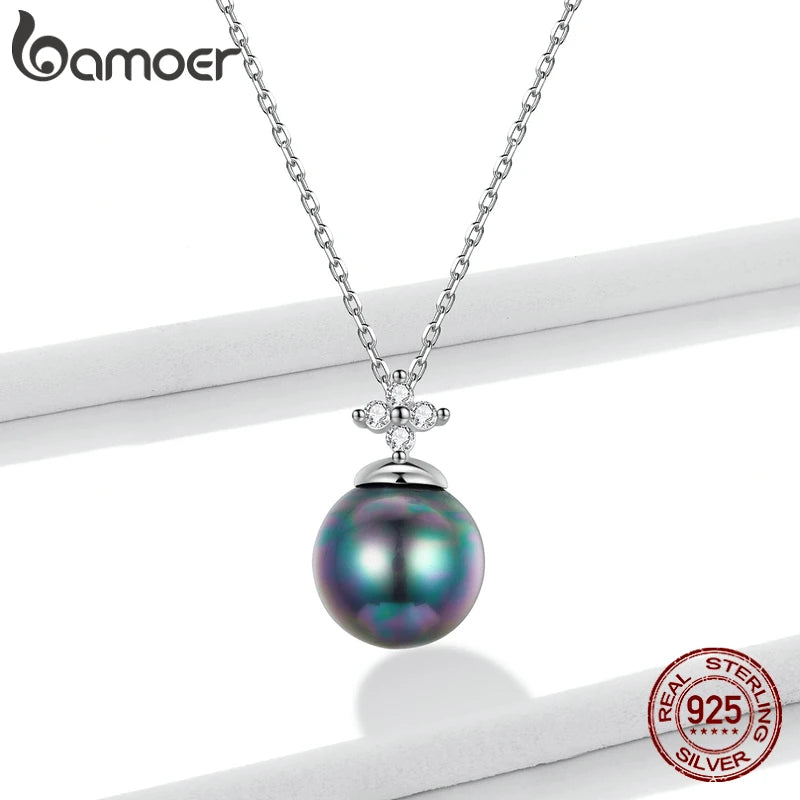bamoer 925 Sterling Silver Elegant Black Pearl Earrings Necklace Shell Pearl Necklace Chain for Women Fine Jewelry Set BSN226
