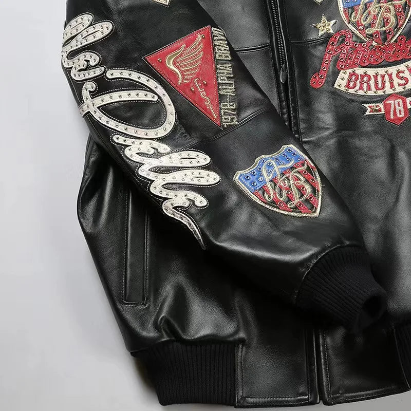 US size men's Hip Hop Sheep skin Varsity Jacket Embroidered Diamond Classic Casual Sport genuine leather Coat tops