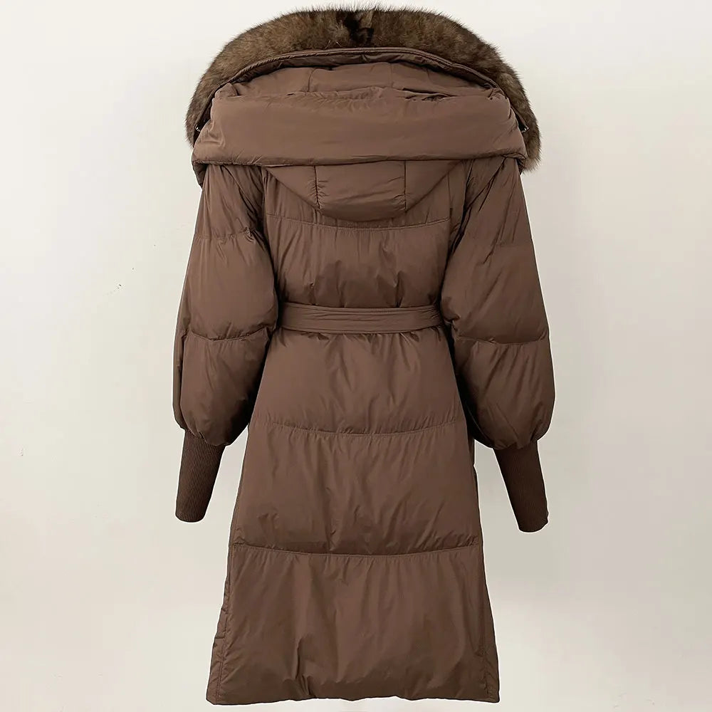 2025 Autumn Winter Women Coat Real Natural Fox Fur Long Down Jacket Thick Warm Casual Hooded White Duck Down Elegant Overwears