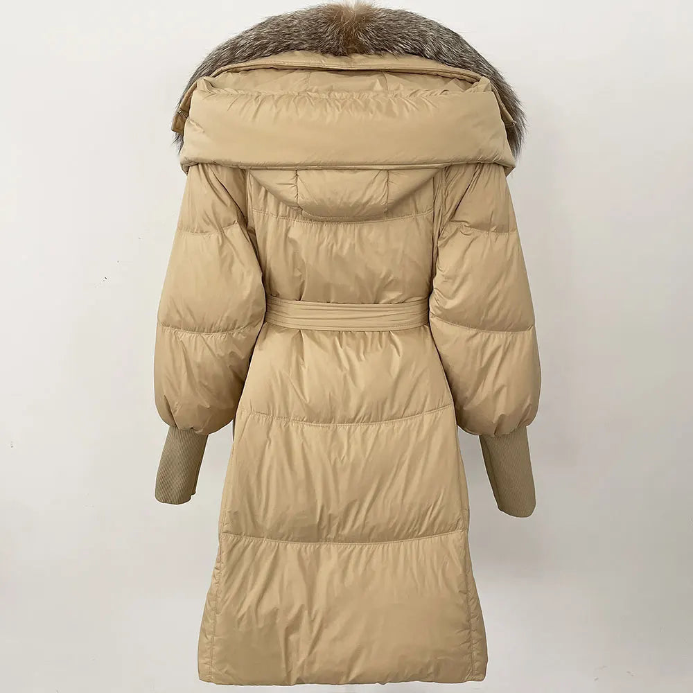 2025 Autumn Winter Women Coat Real Natural Fox Fur Long Down Jacket Thick Warm Casual Hooded White Duck Down Elegant Overwears