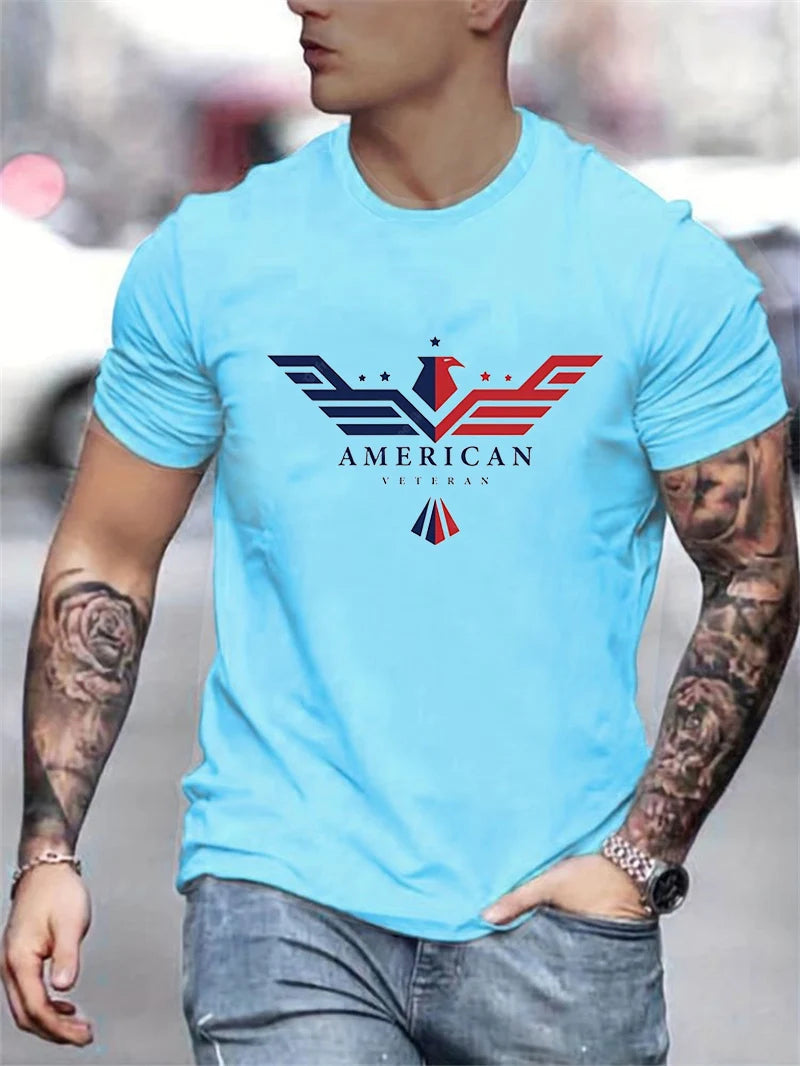 Men’s Summer 100% Cotton Bald Eagle USA Print T-Shirt