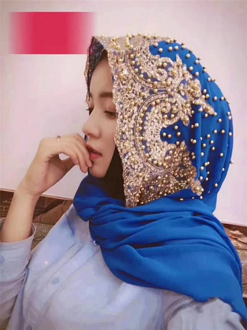 Dubai Women Bling Beaded Headscarf Long Scarf Cap Lace Scarves Muslim Wedding Wrap Shawls Hijab Islamic Turban