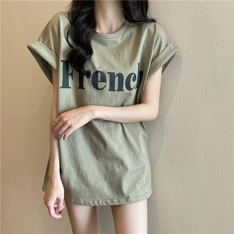 Loose ort Sve T-irt Women's Summer Thin Design Sense Hong Kong Sle Chic Retro Top Trendy round Ne Polyester ...