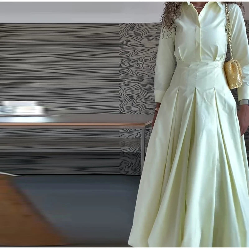 Elegant Lapel Waist-Cinched Pleated Shirt Dress – Women’s Half Sleeve Floor-Length Summer Style