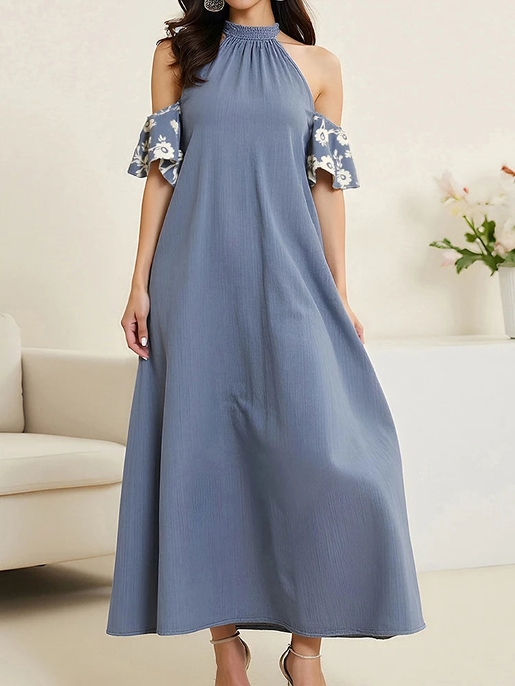 Rafiah Women's Spring Blue Cold Shoulder Maxi Dress with Ruffled Sleeves Casual Loose Fit A-Line Dress