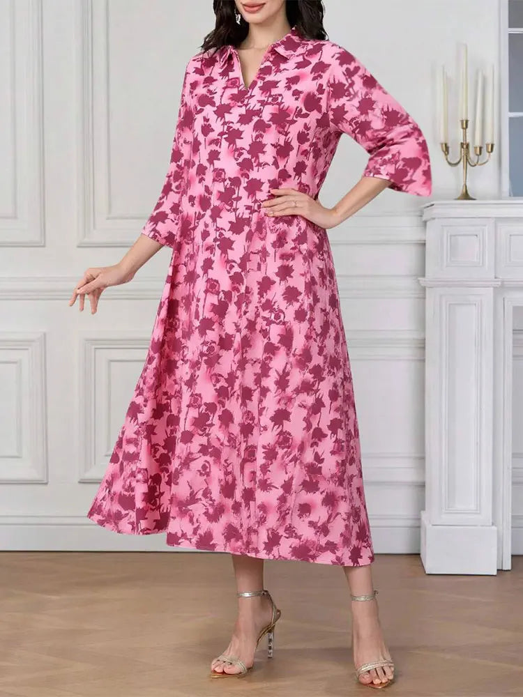 Rafiah Women's Dresses Summer Comfortable 2025 Full Print Casual Long Sleeve Shirt Collar A-Line Midi Vacation Long Dresses