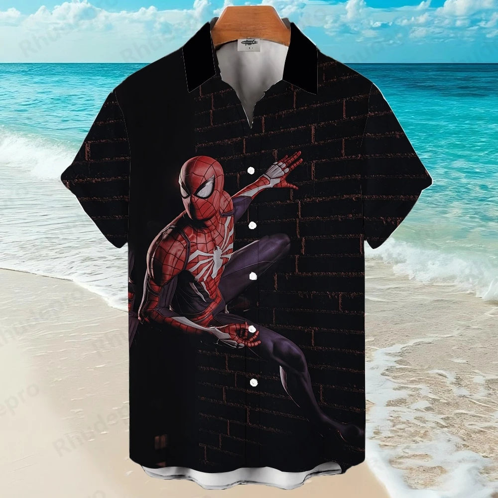 Disney Spider-Man Superhero Cartoon Hawaiian Shirt Print Men's Lapel Short Sleeve Single Shirt Casual Trendy Versatile