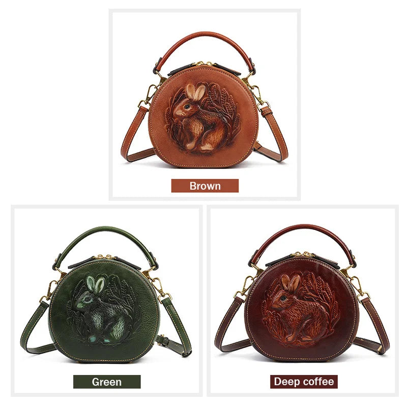 MOTAORA 2025 New Retro Round Women's Genuine Leather Handbags For Ladies Luxury Designer Rabbit Embossed Shoulder Messenger Bags