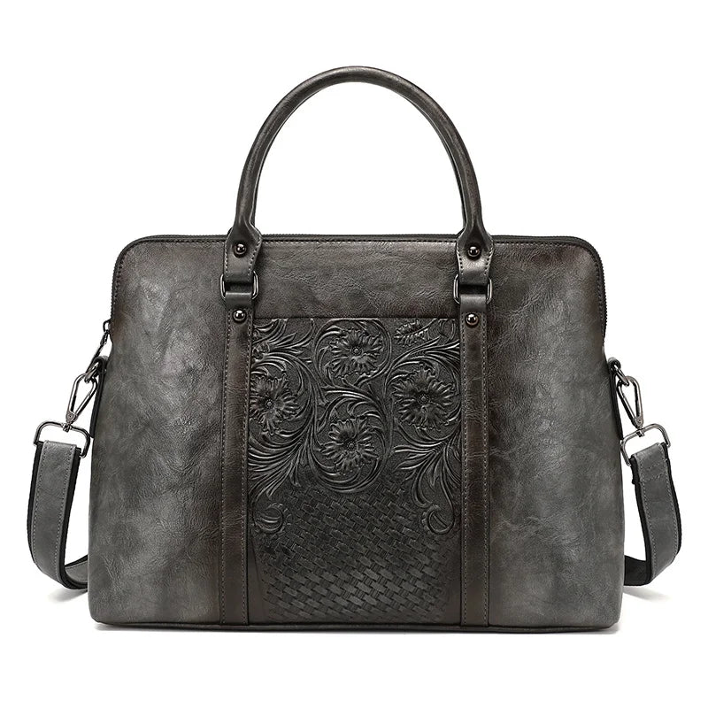 MOTAORA Women's Leather Handbag Large Capacity Vintage Shoulder Bags Female Retro Embossed Women Briefcase For 14 inch Laptop