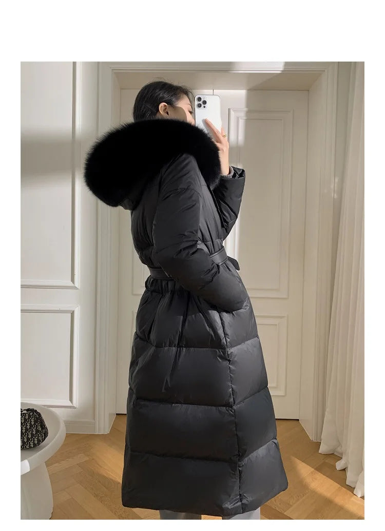Women’s Luxury White Goose Down Coat – Hooded Long Jacket with Fox Fur Collar & Belt