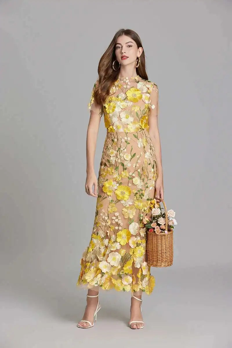 French Luxury 3D Flower Fishtail Lace Prom Dress – Women's Summer Short Sleeve Midi Evening Dress