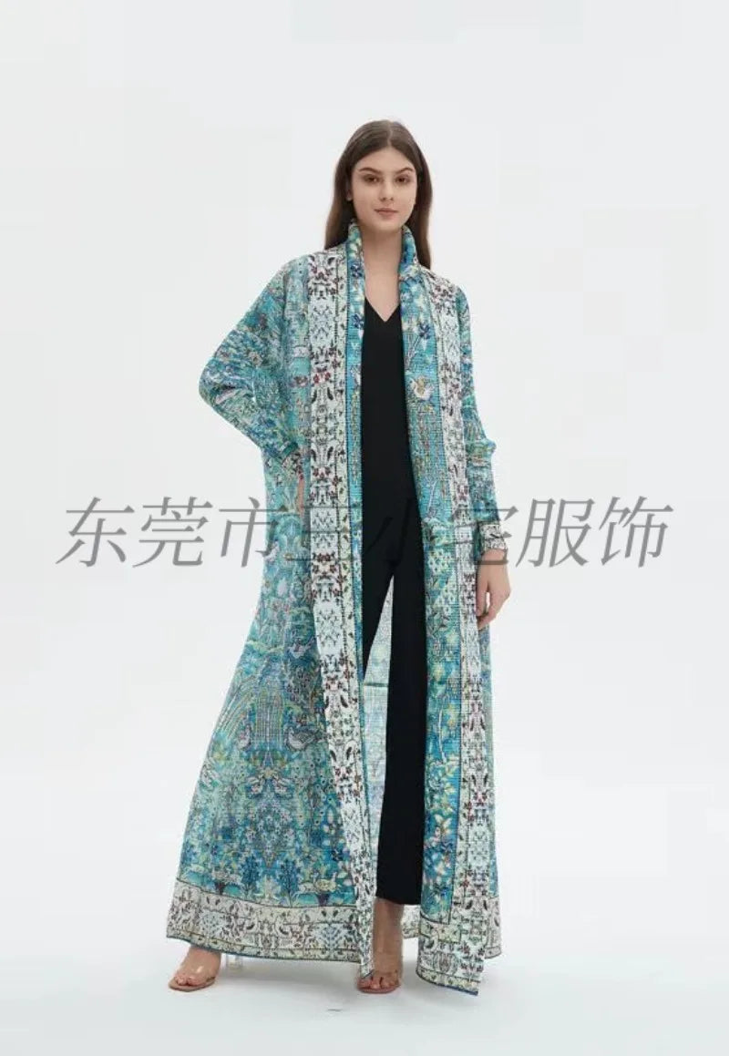 KAF Pleated Women Large Size Trench Coat 2024 Spring and Autumn New Vintage Printed Design Female Robe Arab Luxury Abaya