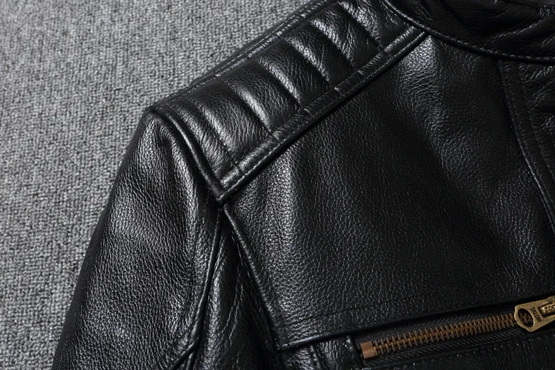 Men's Natural Leather Jacket First Layer Calfskin Stand Collar Motorcycle Jacket Retro Brown Cowhide Jacket Men‘s Biker Clothes