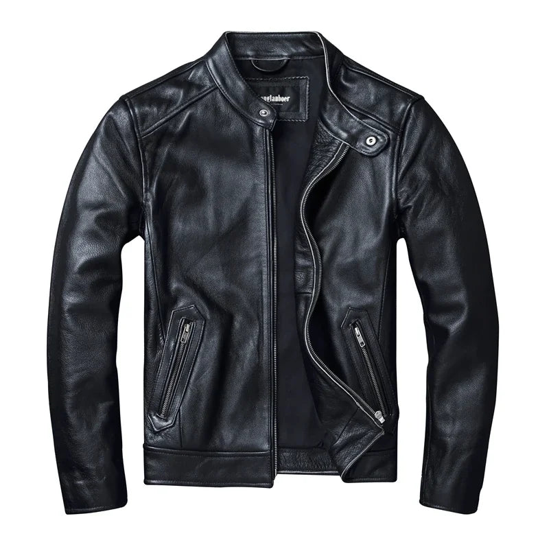 Top Layer Cowhide Slim Fit Stand Collar Motorcycle Suit Men's Leather Jacket Soft Cowhide Large Size Jacket Fashion