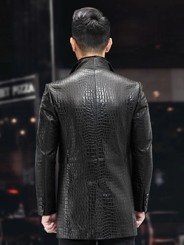 High Quality Luxury Genuine Leather Blazers Men Spring Slim Office Man Embossing Real Sheepskin Coat Suit Jacket Size Runs Small