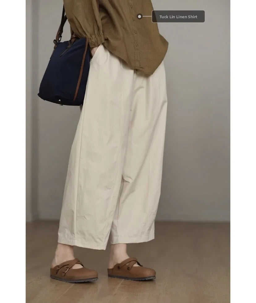 Retro Workwear Wide Leg Pants Women's High Waist Loose Casual Versatile Nine Point Straight Cut Carrot Pants Artistic Sle